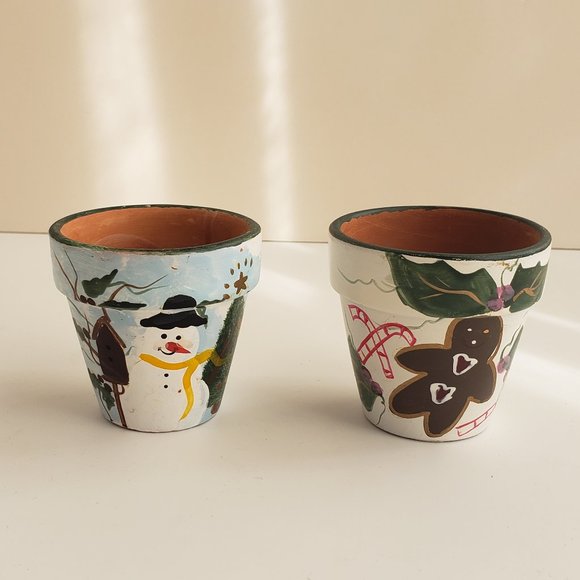 Set of 2 Hand-Painted Terra Cotta Pots & Candles - Snowman and Ginger Bread Man - Picture 1 of 4